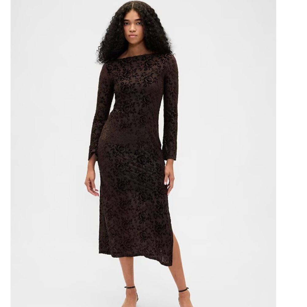 NWT Gap Burnout Velvet Floral Midi Dress M Tall Black Brown Bell Sleeve